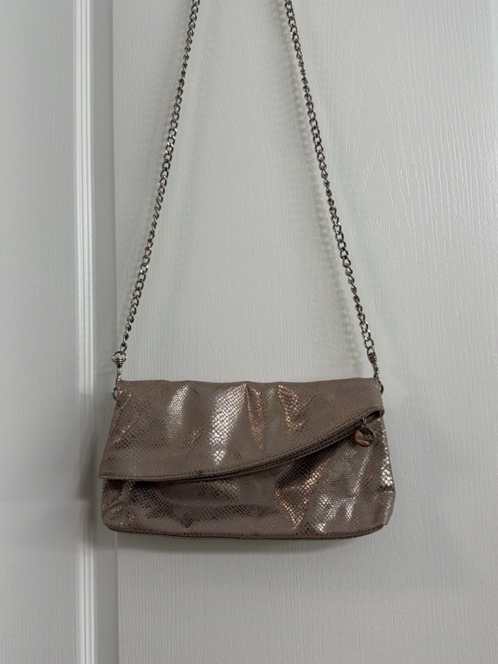 Metallic Taupe Crossbody Clutch with Chain Strap